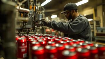 A worker operates machinery on a food production line, carefully overseeing automated processes. Red cans are organized on the conveyor, showcasing a blend of human skill and technology. photo