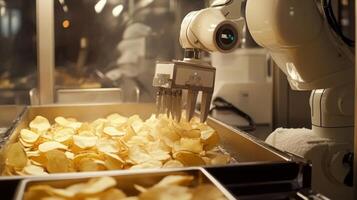 A robotic arm is skillfully handling crisp potato chips on a bustling production line in a food manufacturing facility. The automation enhances efficiency in snack preparation. photo