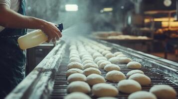 A worker sprays moisture on rows of freshly shaped dough on a production line. The environment is industrial, emphasizing modern techniques in food production through automation and careful handling. photo