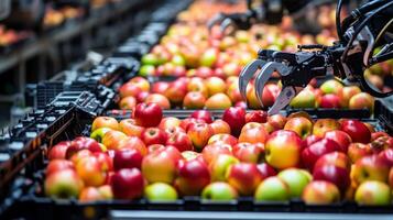 Robotic arms efficiently sort and move colorful apples on a busy production line in a food processing facility. The vibrant array of apples showcases the automation technology in food handling. photo