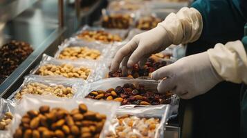 Workers utilize artificial intelligence technology to package various types of nuts efficiently on a busy production line. Attention to detail enhances quality control during the process. photo