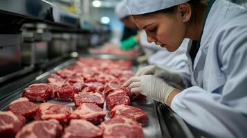 Workers are engaged in a food production line focused on inspecting and preparing meat cuts for packaging. The facility is busy with multiple stations ensuring quality control and safety. photo