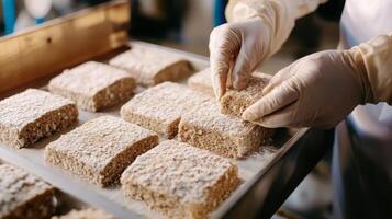 Skilled workers in a food production line expertly apply ai technology to ensure precision and efficiency during the preparation of sweet treats, managing portions and quality control effectively. photo