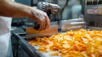 In a modern production facility, workers utilize advanced ai technology to slice and prepare vibrant orange chips. The process emphasizes efficiency and quality in food manufacturing. photo