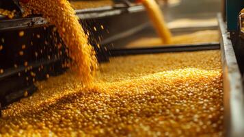 Golden grains pouring onto the production line in a modern food processing facility. Automated systems utilize ai technology to streamline operations and improve quality control standards. photo