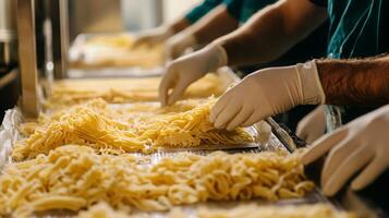 Workers wearing gloves carefully handle fresh pasta on a production line, utilizing technology to enhance food processing efficiency. The focus is on quality and hygiene in food preparation. photo