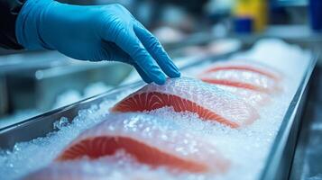 Workers in a food production facility carefully handle fresh salmon fillets placed on ice. The scene highlights the importance of quality control in seafood processing. photo