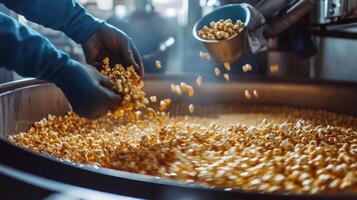 In a bustling food production facility, workers expertly mix freshly made caramel popcorn. Hands are busy pouring ingredients into a large vat, showcasing teamwork and efficiency in food preparation. photo