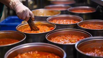 A worker follows a streamlined food production process, stirring simmering pots filled with rich sauces. The scene showcases modern techniques enhancing efficiency and quality in food preparation. photo