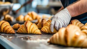 Skilled workers in a bakery are assembling and preparing freshly baked croissants on a production line. The process showcases the precision and care taken in food production. photo