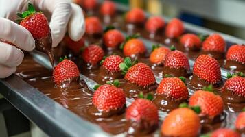 A worker is dipping fresh strawberries into rich chocolate on a production line in a food processing facility. This process showcases the combination of fresh ingredients and efficient production. photo