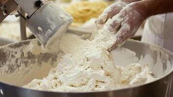 A worker pours flour into a large industrial mixer as part of the food production process in a busy bakery. The environment is filled with baking ingredients and equipment. photo