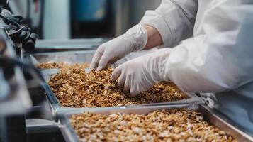 In a food production facility, workers wearing gloves are meticulously sorting and handling granola on a production line. The environment emphasizes hygiene and efficiency in food processing. photo