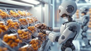 Robots efficiently sort and package food items on a high-tech production line. This automated system enhances food handling and production quality in a busy facility. photo