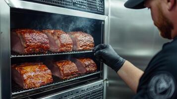 In a busy commercial kitchen, a chef adjusts racks of smoking meat in a large smoker. The flavorful aroma fills the air as the meat cooks slowly, showcasing the precision of food production. photo