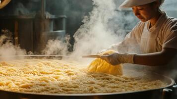 A worker skillfully manages a large vat of steaming noodles in a busy production setting. The process showcases modern food production techniques aided by ai, ensuring quality and efficiency. photo
