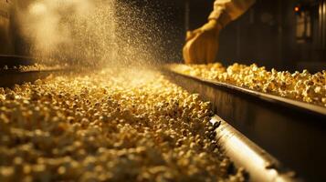 Workers oversee the production line dedicated to popcorn, utilizing AI for efficient processing and quality control. The scene highlights the busy environment of food production in a factory setting. photo