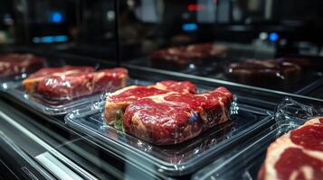 Freshly packaged meat cuts are showcased in a sleek food production line. The environment is clean and organized, emphasizing efficiency and quality in food processing. photo