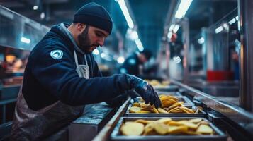 Workers are engaged in a food production line, meticulously sorting and preparing sliced potatoes. photo