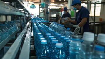 A highly efficient production line in a food processing facility shows workers filling and sealing water bottles. Advanced ai technology ensures quality control and streamlined operations. photo