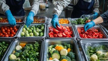 Workers in gloves are skillfully sorting and assembling a variety of fresh vegetables on a food production line. The area is organized with trays filled with vibrant produce ready for cooking. photo