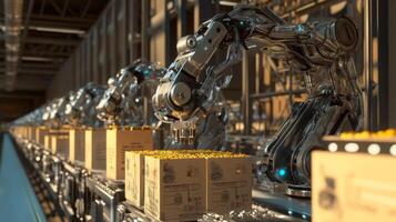 Robotic arms efficiently package food products on a modern production line in a factory setting. Advanced technology enhances productivity and precision during the packaging process. photo