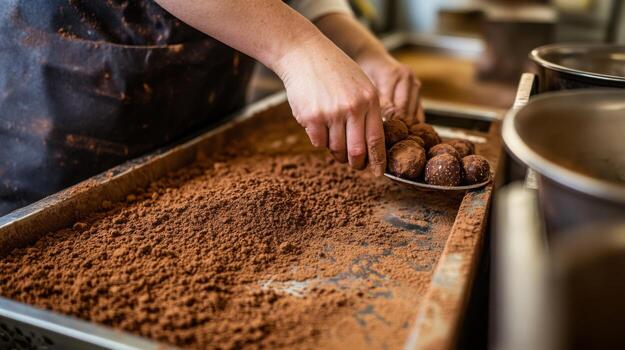 Workers are preparing chocolate truffles on a production line with AI technology in a bustling kitchen. Their hands shape and coat the truffles in cocoa powder, ensuring precision and efficiency. photo