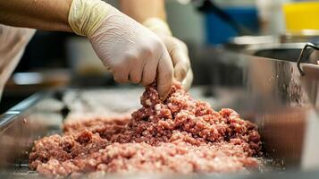 A worker in gloves is preparing ground meat on a production line in a modern food processing facility. The use of AI technology enhances efficiency and quality control in meat preparation. photo