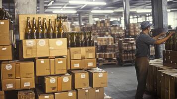 In a bustling warehouse, a worker carefully arranges glass bottles on stacks of cardboard boxes. Surrounding crates and bottles reflect a systematic approach to food production in action. photo