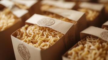 Fresh pasta is artfully presented in eco-friendly containers, showcasing various shapes and colors. photo