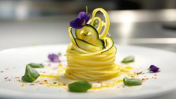 This ai pasta dish features beautifully arranged strands of pasta topped with thin ribbons of zucchini, garnished with delicate flowers and fresh herbs, creating a vibrant presentation. photo