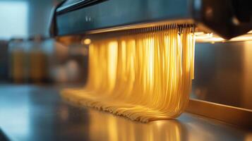 Fresh strands of pasta flow from a machine, glistening under warm kitchen lights. The production takes place in a busy culinary environment, showcasing the art of pasta making. photo