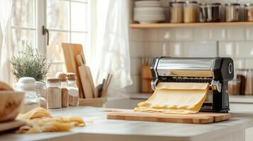 A pasta maker sits on a kitchen countertop, rolling out fresh sheets of dough in a bright and airy space. Sunlight floods through the windows, adding warmth to the inviting culinary atmosphere. photo