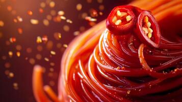 This vibrant dish features ai pasta twisted elegantly, topped with slices of red chili peppers. The rich colors and presentation invite a unique dining experience, highlighting culinary creativity. photo