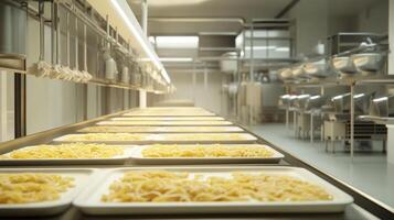 Freshly prepared pasta is seen spread across multiple trays in a contemporary kitchen. The bright and organized space hints at an efficient cooking process focused on quality and presentation. photo