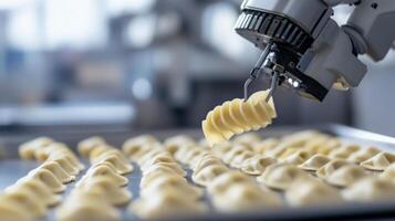 A robotic arm expertly shapes fresh pasta on a baking tray in a state-of-the-art kitchen. This blending of technology and cuisine showcases efficiency and precision in food preparation. photo
