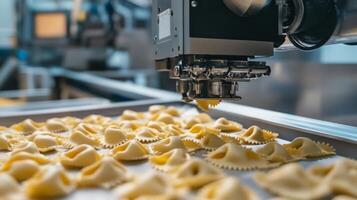 Advanced machinery operates in a food production facility, shaping ravioli dough with precision. The process highlights the blend of technology and culinary art in modern pasta manufacturing. photo