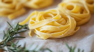 Freshly made pasta is neatly arranged to resemble a flower, highlighting culinary artistry. Fragrant rosemary sprigs accompany the dish, adding an enticing touch to the presentation. photo
