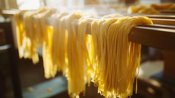 Strings of freshly made pasta are draped over wooden racks in a warm kitchen. Sunlight streams in, highlighting the golden color of the pasta as it prepares for cooking. photo