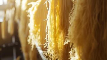 Strings of fresh pasta hang to dry in a welcoming kitchen, illuminated by soft sunlight streaming through the windows. This traditional process captures the essence of homemade cooking. photo