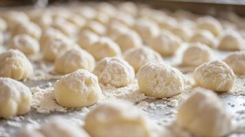 Soft, round dough balls dusted with flour are neatly arranged on a tray, ready for transforming into delicious pasta. The warm kitchen atmosphere suggests a culinary adventure unfolding. photo