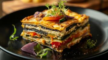 A beautifully presented layered pasta dish features colorful vegetables and a creamy sauce, garnished with fresh herbs. This enticing meal is perfect for a cozy dinner or special occasion. photo