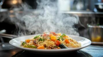 A steaming plate of pasta filled with colorful vegetables is served in a lively kitchen. The aroma of herbs and spices fills the air as chefs expertly manage their culinary creations. photo