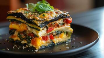 Layers of ai pasta are beautifully arranged with a medley of colorful vegetables, topped with fresh basil. photo