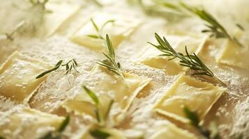 Freshly made ravioli rests on a wooden surface, artfully dusted with flour and accented by sprigs of herbs, suggesting a culinary creation in a cozy kitchen. photo