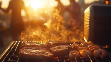 Grilling takes place outdoors during sunset, showcasing steaks and skewers sizzling over hot coals. The warm light creates a relaxing mood with people enjoying the moment in the background. photo