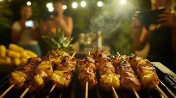 Skewers of marinated meat and pineapple are sizzling on a grill, surrounded by friends enjoying a festive summer evening. Lively atmosphere with string lights enhancing the mood and delicious aroma. photo