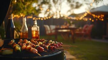 Skewers loaded with colorful vegetables and succulent meats are sizzling on a charcoal grill. Twinkling lights illuminate a backyard setting with drinks placed nearby, creating a relaxed atmosphere. photo