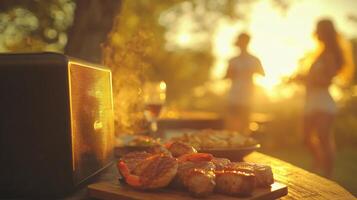 Delicious grilled meats sizzle on a wooden cutting board as warm sunlight bathes the outdoor setting. Friends gather nearby, savoring the relaxed atmosphere of a summer evening barbecue. photo