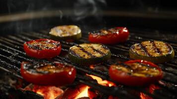 Colorful slices of zucchini and tomato are being grilled over an open flame, releasing smoky aromas at a summer barbecue. photo